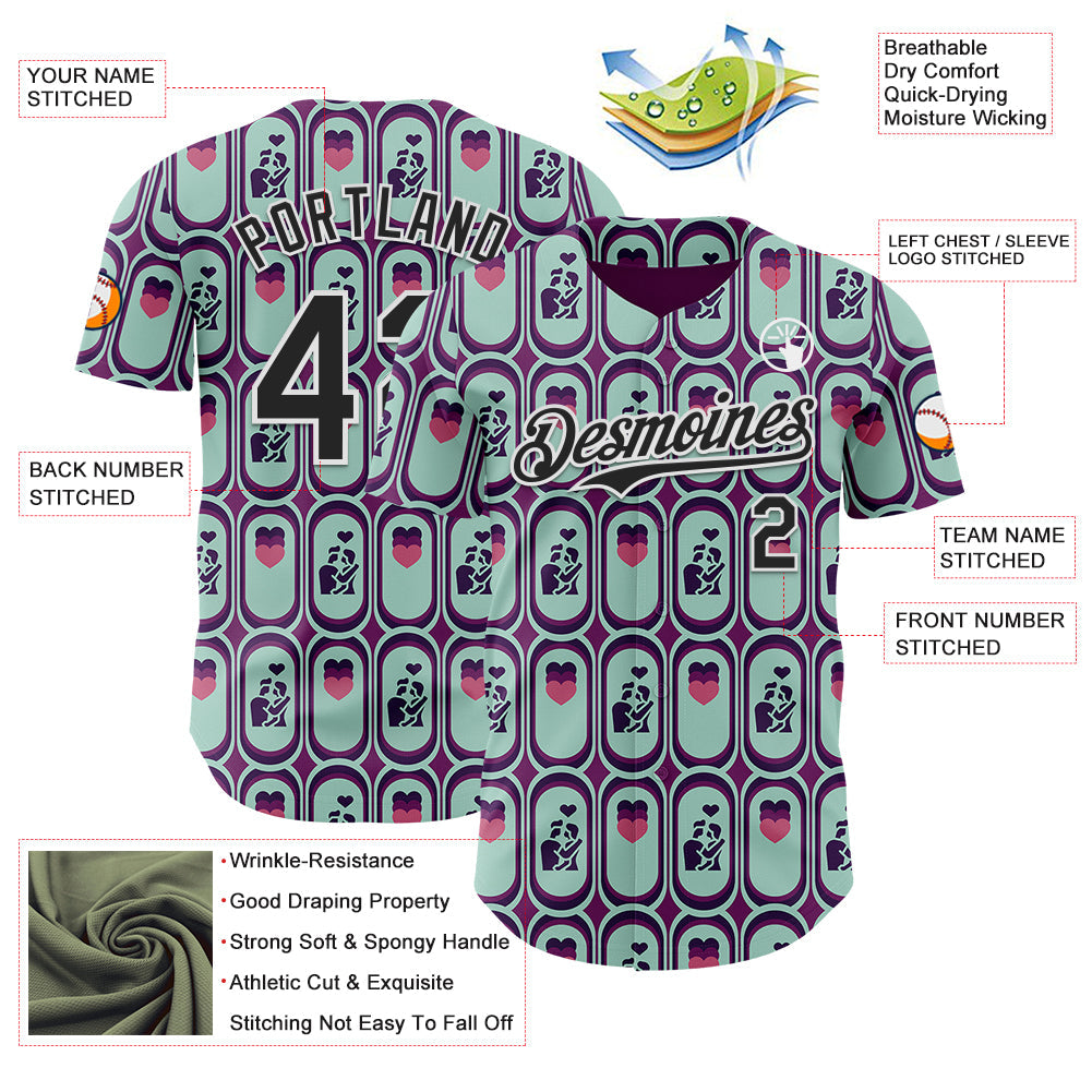 Custom Purple Black Green-White Valentine's Day Love Heart Authentic Baseball Jersey