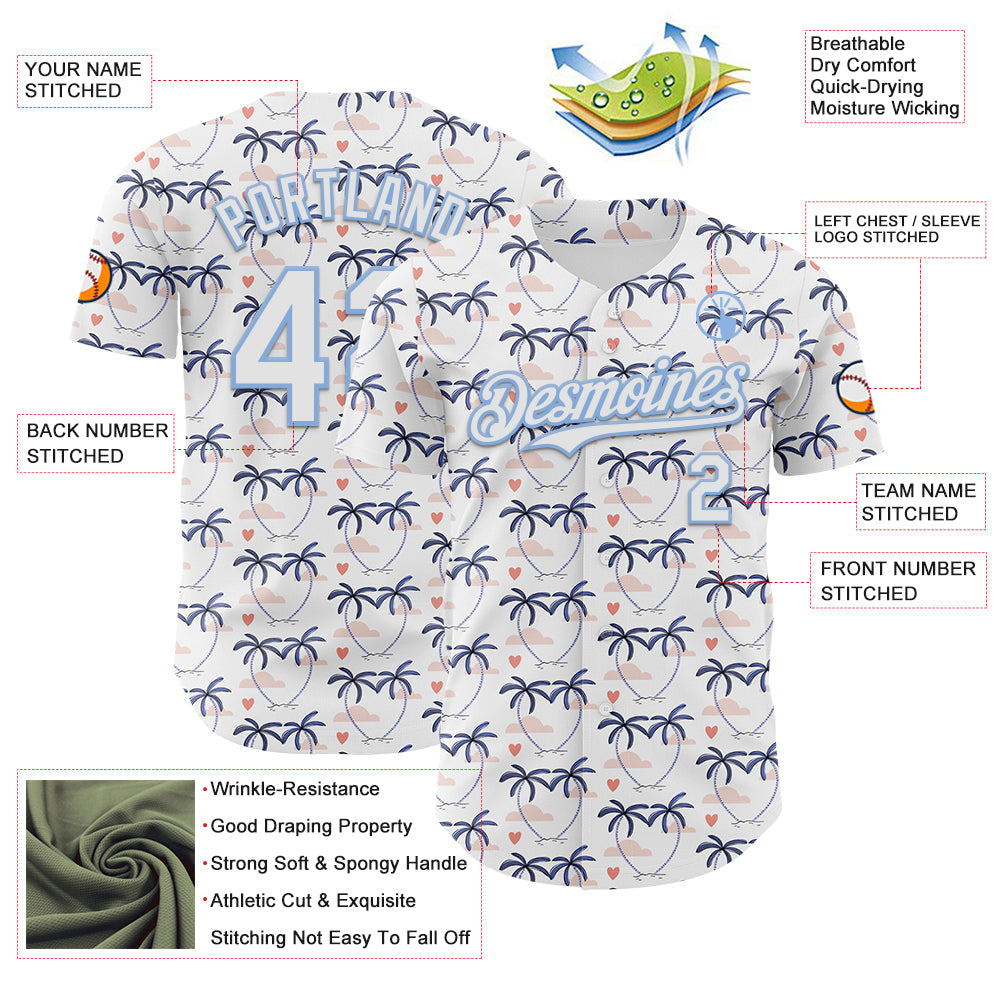 Custom White Light Blue Valentine's Day Love Heart Authentic Baseball Jersey