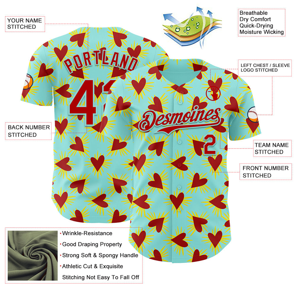 Custom Ice Blue Red Valentine's Day Love Heart Authentic Baseball Jersey