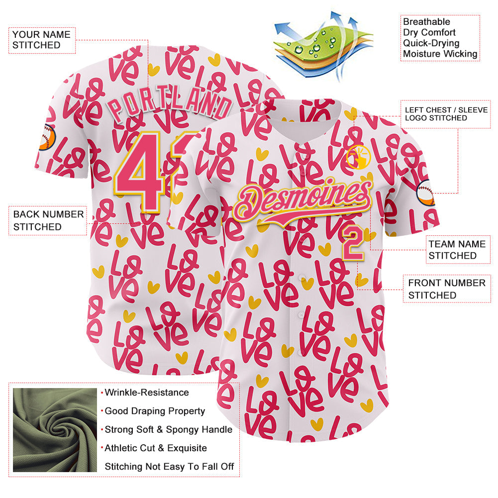 Custom Light Pink Neon Pink Yellow-White Valentine's Day Love Heart Authentic Baseball Jersey
