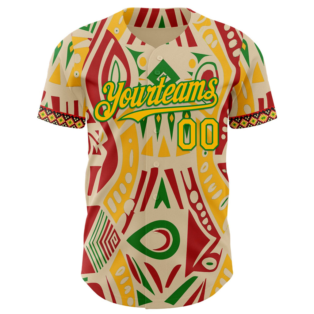 Custom City Cream Gold Red-Grass Green Black History Month Africa Tribal Authentic Baseball Jersey