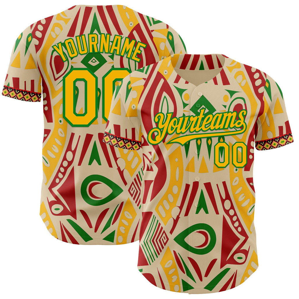 Custom City Cream Gold Red-Grass Green Black History Month Africa Tribal Authentic Baseball Jersey