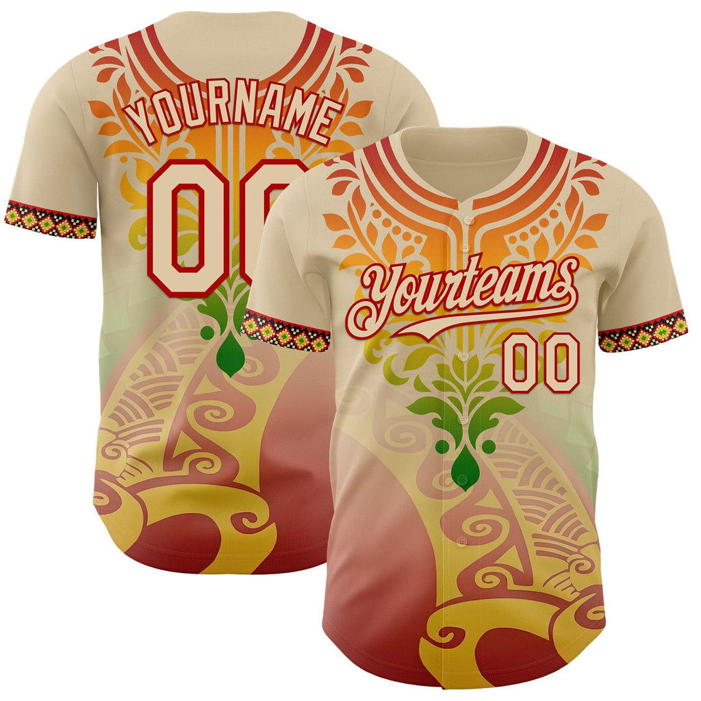 Custom City Cream Red Gold-Green Black History Month Africa Tribal Authentic Baseball Jersey
