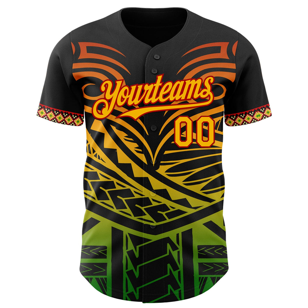Custom Black Gold Red-Green Black History Month Africa Tribal Authentic Baseball Jersey