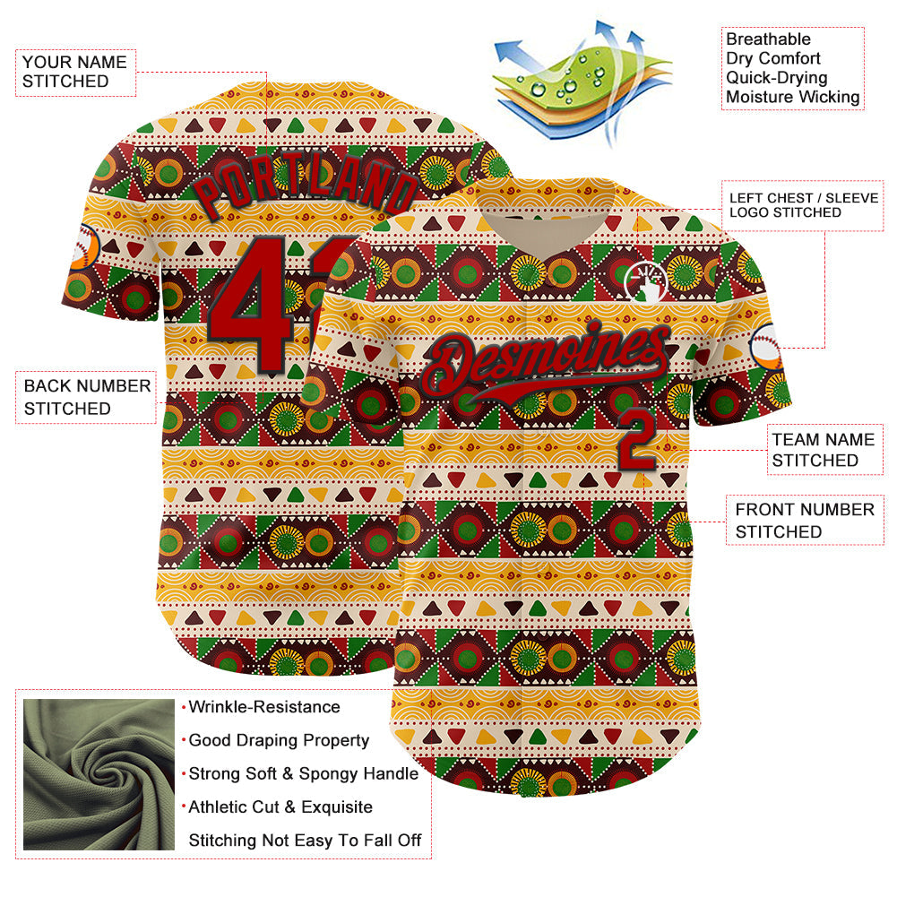 Custom Cream Red Yellow Green-Black 3D Pattern Design Black History Month African Ethnicity Style Authentic Baseball Jersey