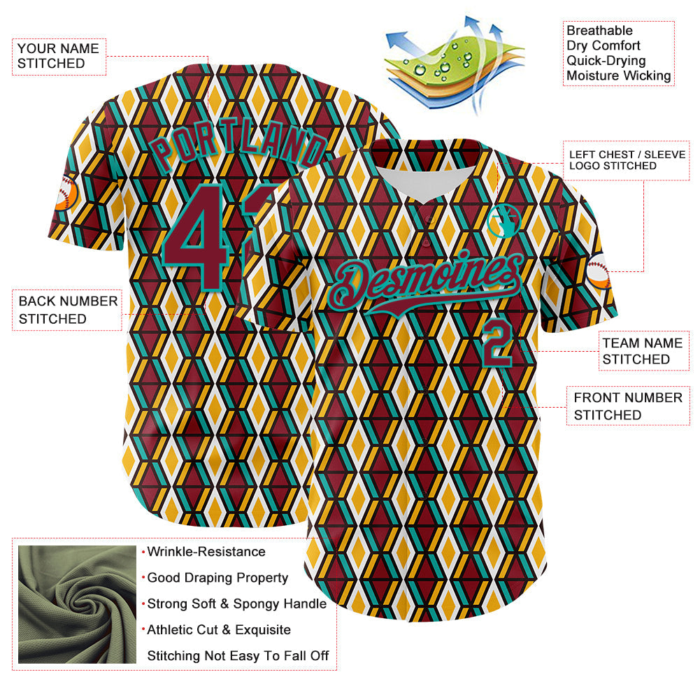 Custom White Crimson Yellow-Aqua 3D Pattern Design Black History Month Abstract Geometric Authentic Baseball Jersey