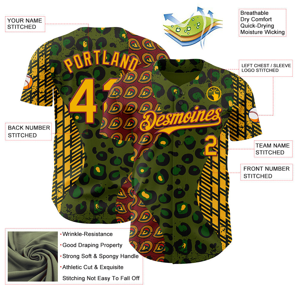 Custom Green Gold Crimson-Black 3D Pattern Design Black History Month African Ethnicity Style Animal Print Authentic Baseball Jersey