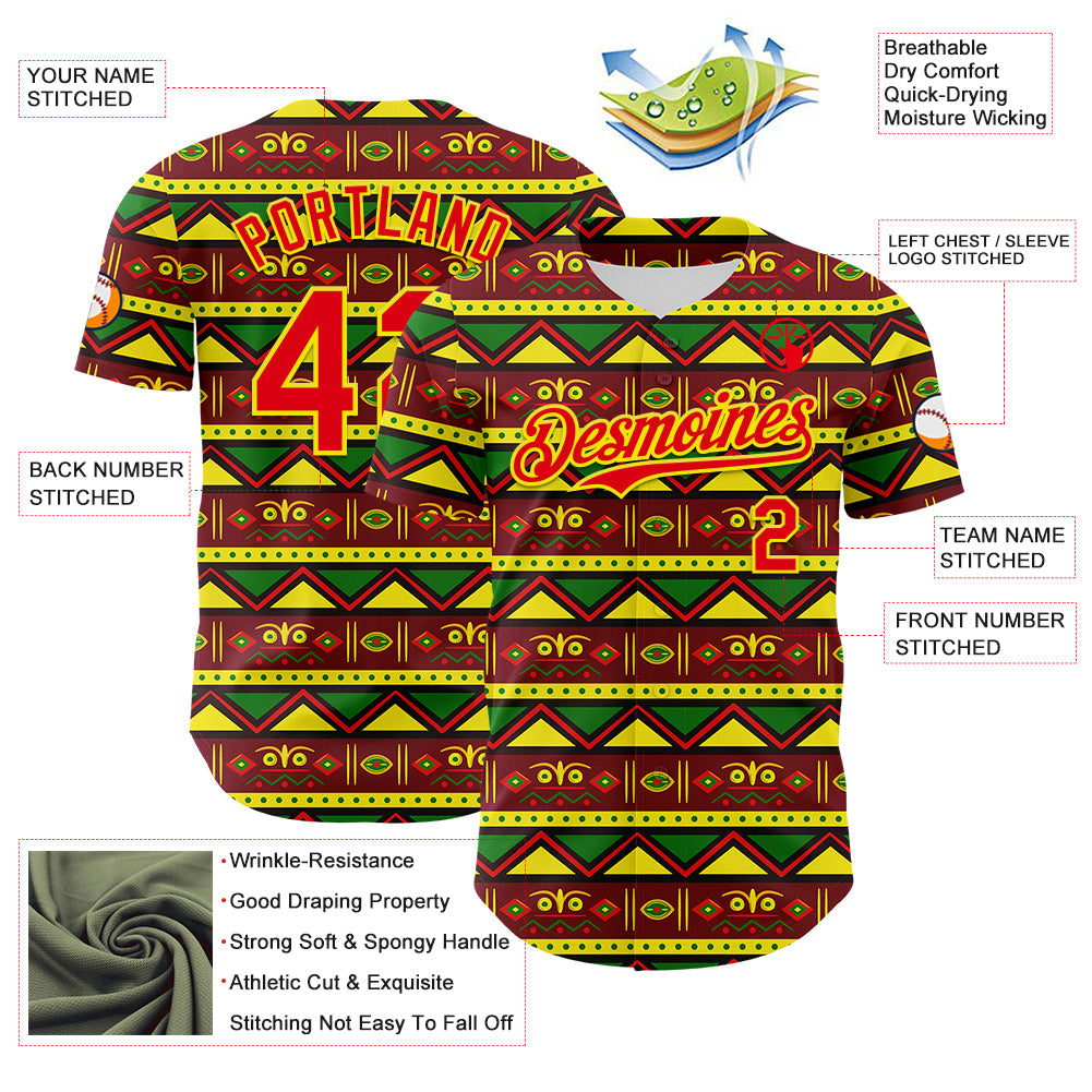 Custom Green Fire Red Light Yellow-Black 3D Pattern Design Black History Month African Ethnicity Style Abstract Geometric Authentic Baseball Jersey