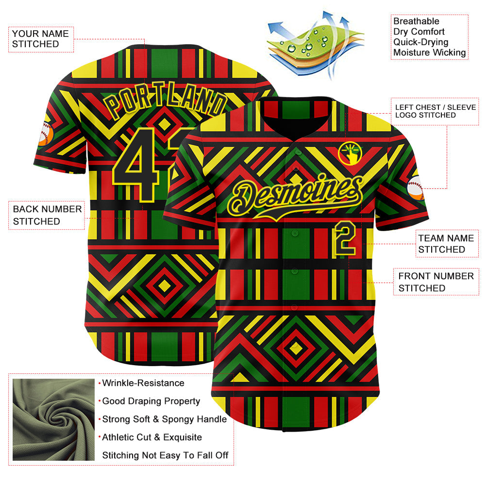 Custom Green Black Red-Light Yellow 3D Pattern Design Black History Month African Ethnicity Style Abstract Geometric Authentic Baseball Jersey