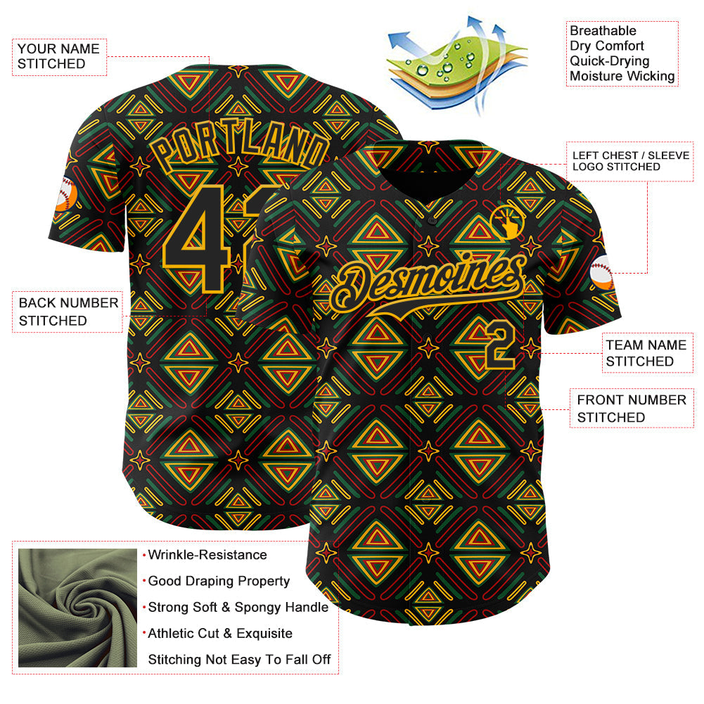 Custom Black Green Red-Gold 3D Pattern Design Black History Month African Ethnicity Style Abstract Geometric Authentic Baseball Jersey