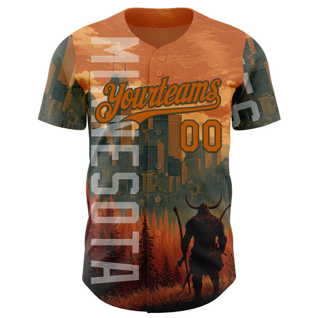 Custom Texas Orange Olive Minnesota Sunset Cityscape Vikings City Symbol Authentic Baseball Jersey