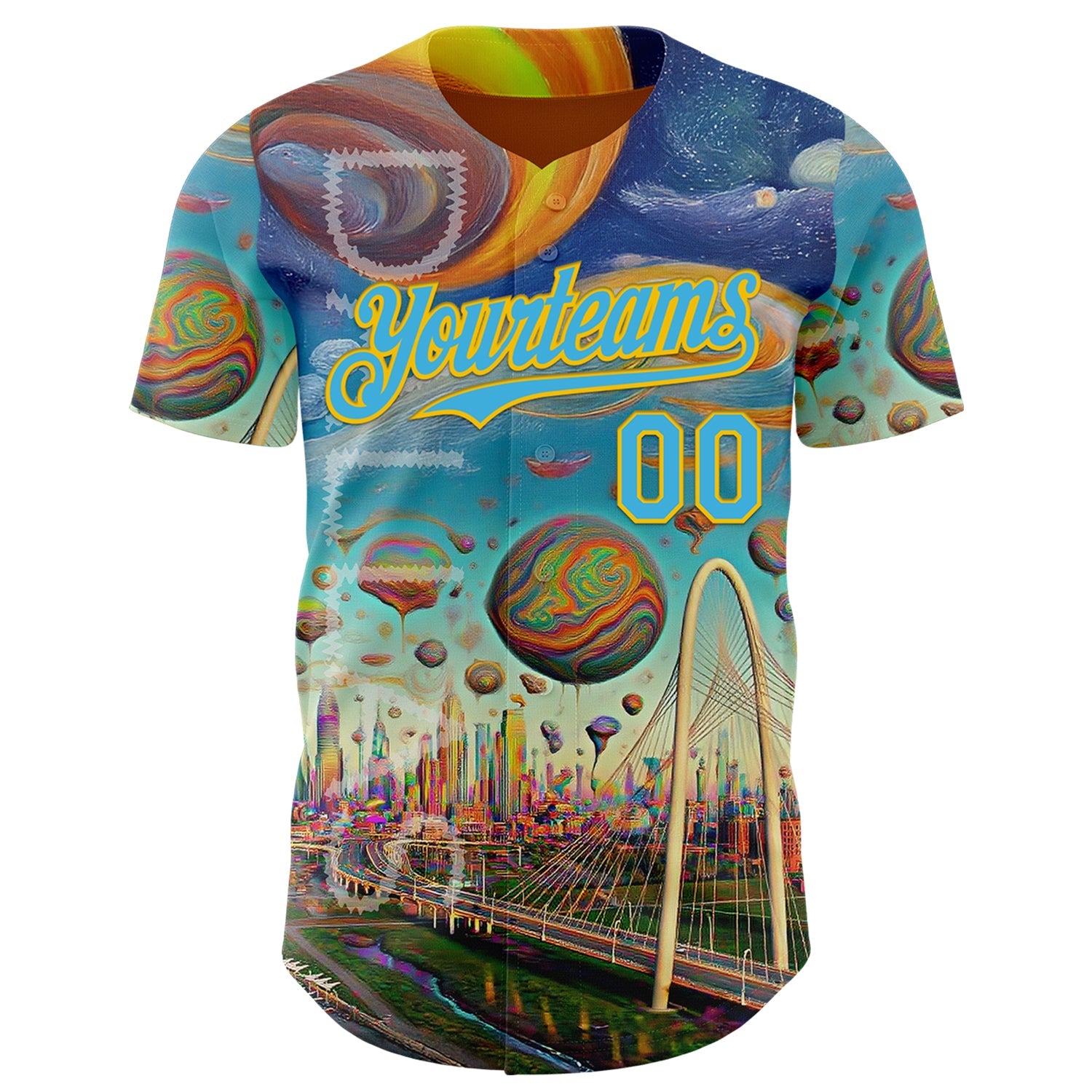 Custom Blue Sky Blue-Yellow Dallas Texas Cityscape Skyline City Symbol Authentic Baseball Jersey
