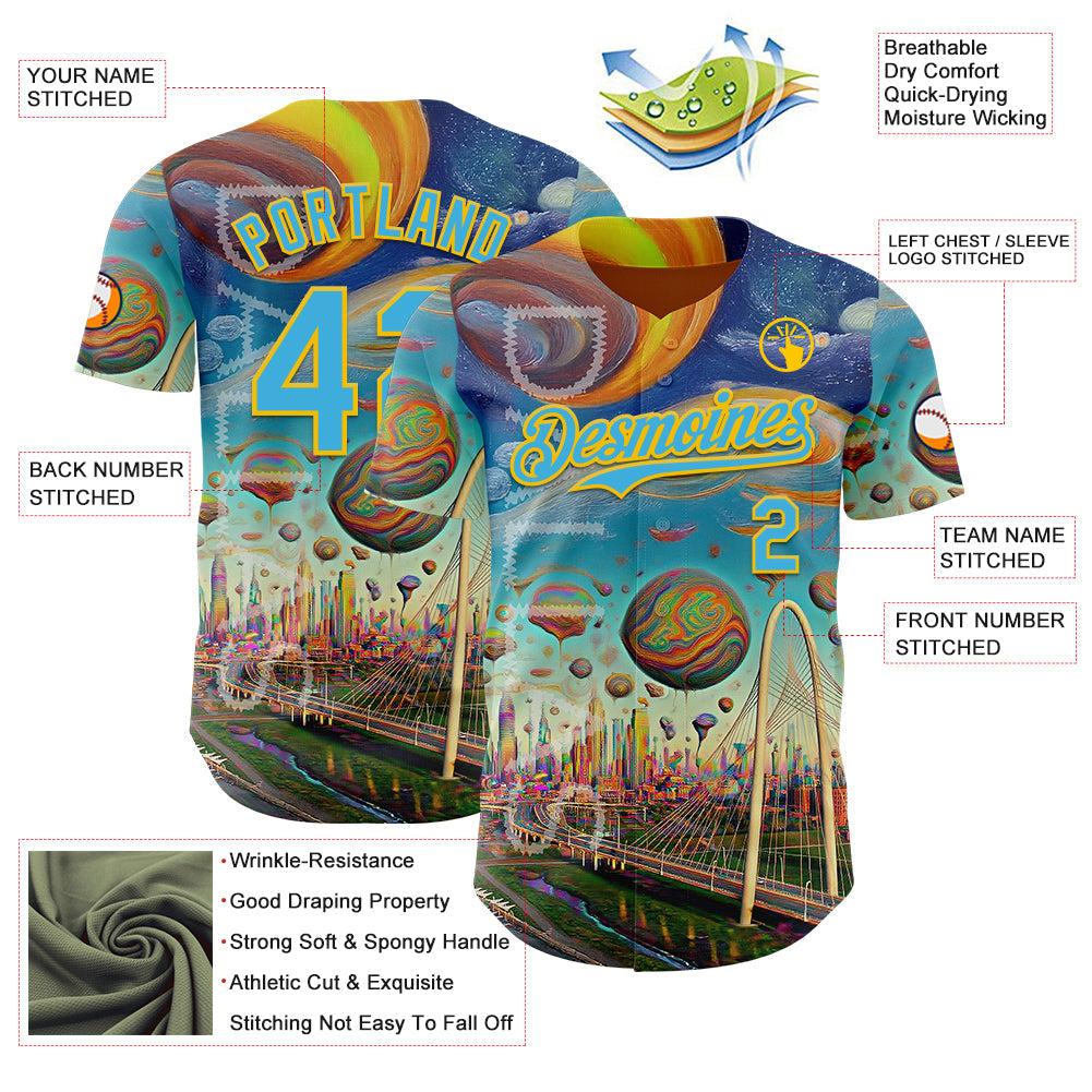 Custom Blue Sky Blue-Yellow Dallas Texas Cityscape Skyline City Symbol Authentic Baseball Jersey