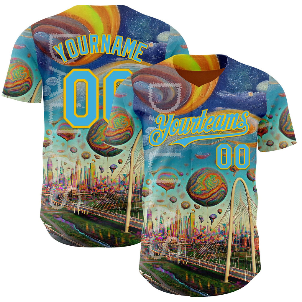 Custom Blue Sky Blue-Yellow Dallas Texas Cityscape Skyline City Symbol Authentic Baseball Jersey