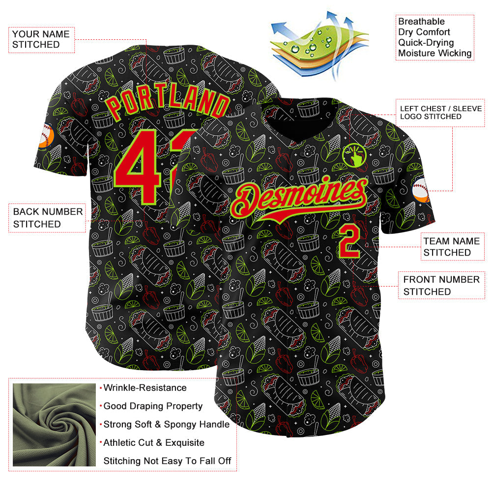 Custom Black Fire Red-Neon Green Foodie Mexican Food Doodles Authentic Baseball Jersey
