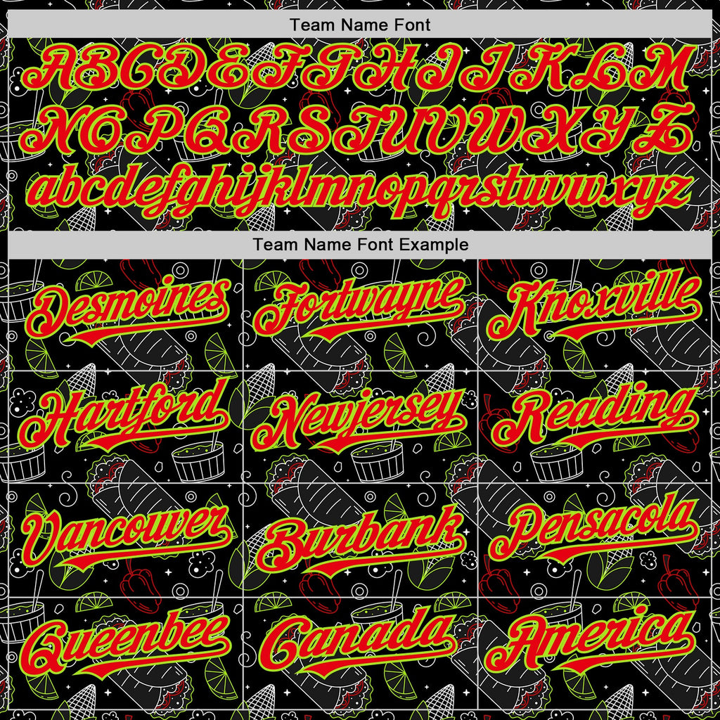 Custom Black Fire Red-Neon Green Foodie Mexican Food Doodles Authentic Baseball Jersey