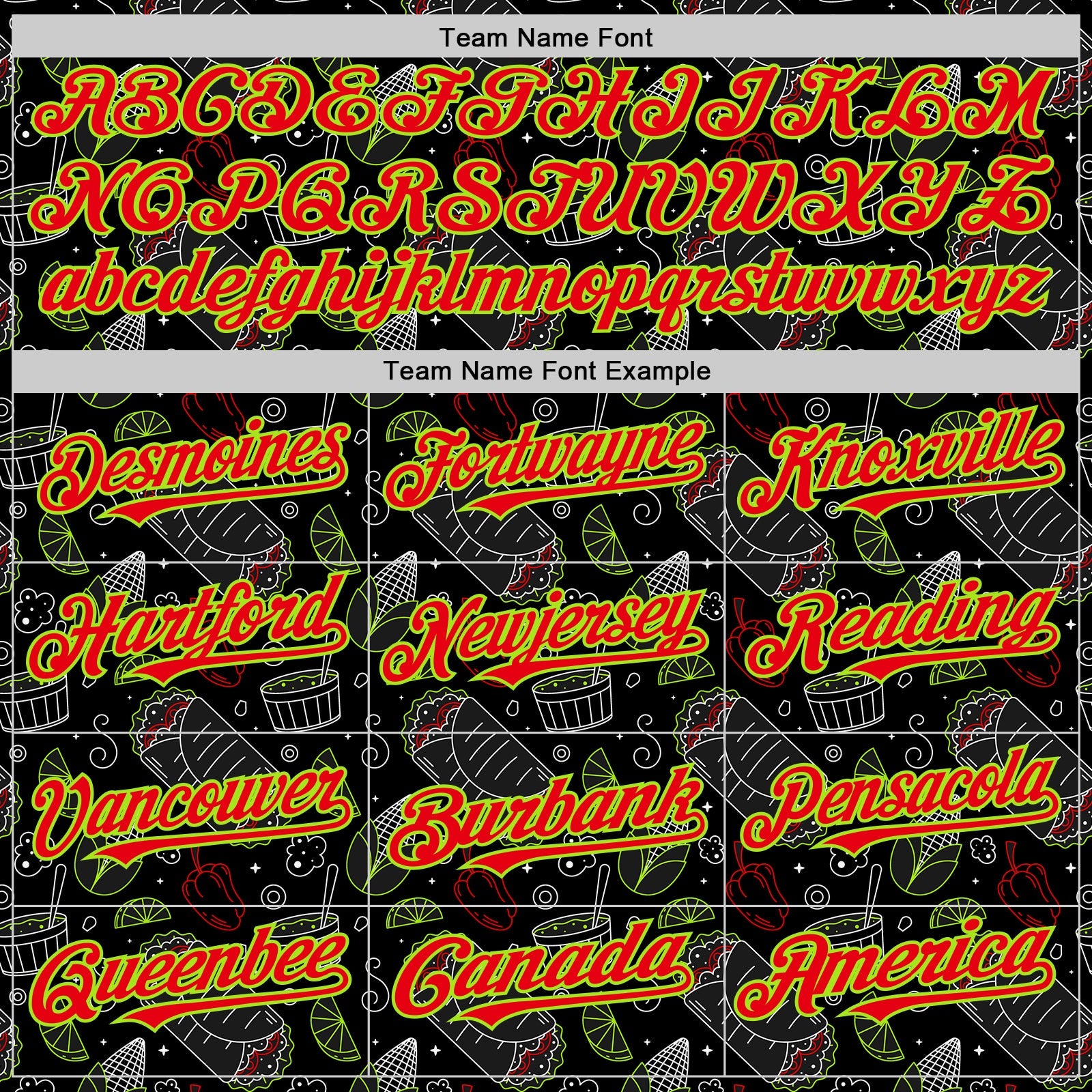 Custom Black Fire Red-Neon Green Foodie Mexican Food Doodles Authentic Baseball Jersey