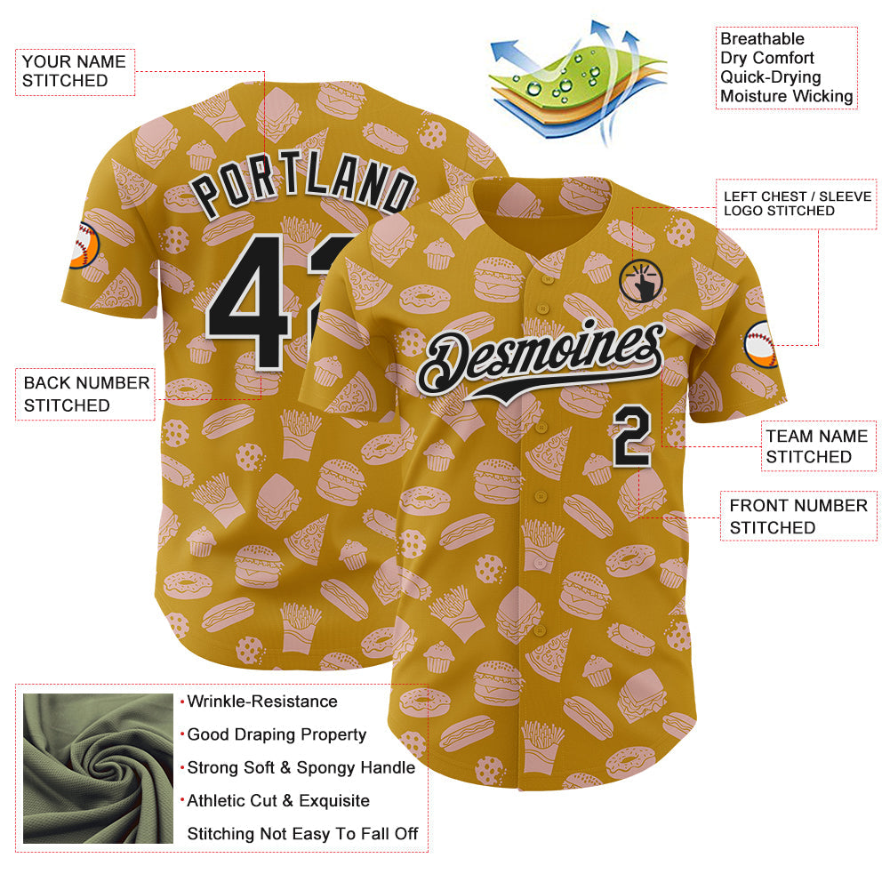 Custom Yellow Black-White Foodie Fast Food Doodles Authentic Baseball Jersey