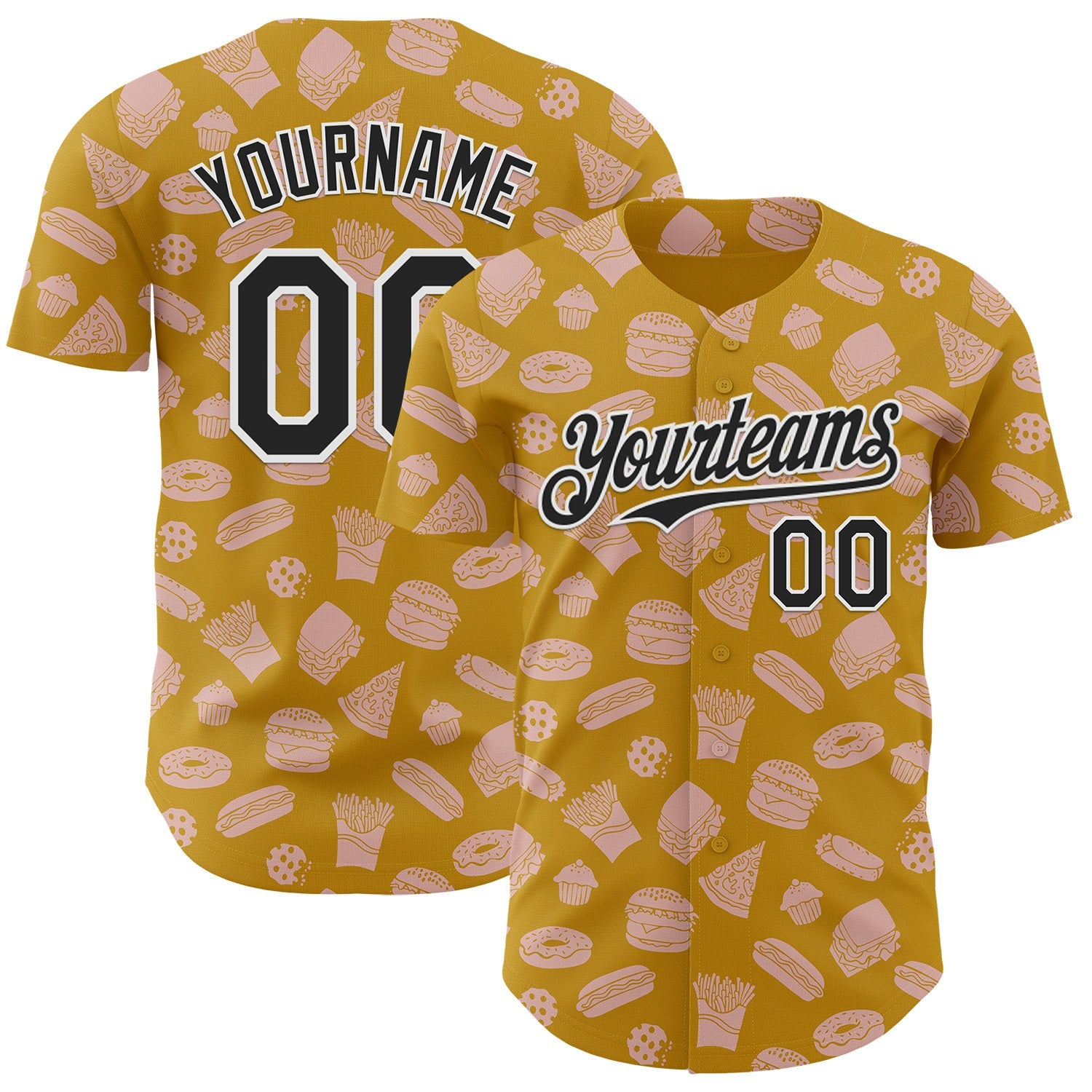 Custom Yellow Black-White Foodie Fast Food Doodles Authentic Baseball Jersey