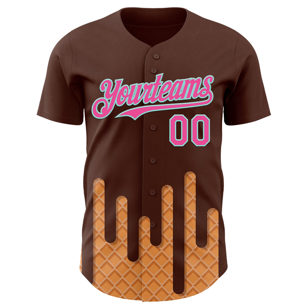 Custom Brown Pink-Ice Blue Foodie Dripping Ice Cream Authentic Baseball Jersey