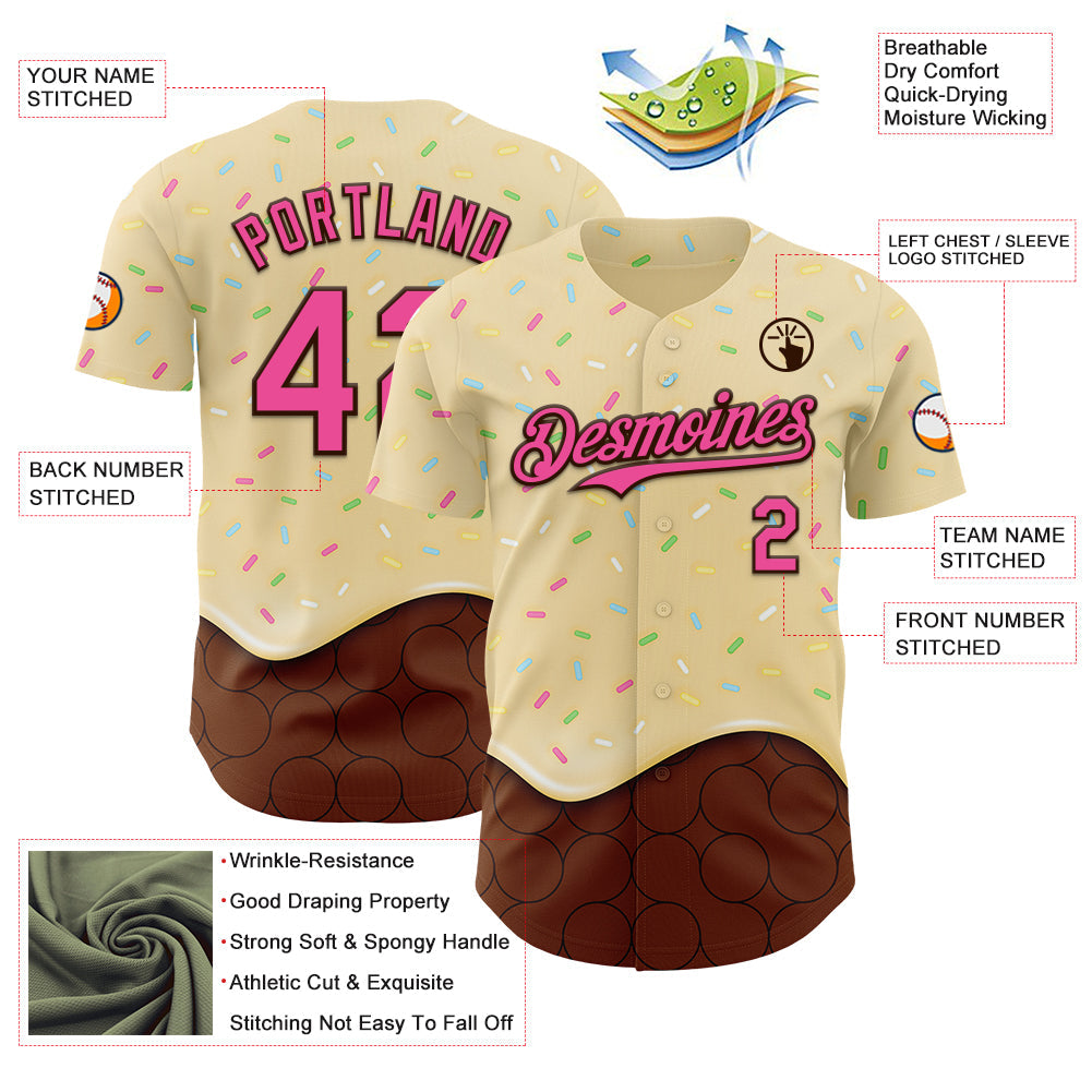 Custom Yellow Pink-Brown Foodie Dripping Ice Cream Authentic Baseball Jersey
