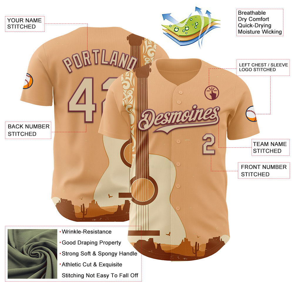 Custom City Cream Burgundy Texas Sunset Southwest Landscape Guitar City Edition Authentic Baseball Jersey