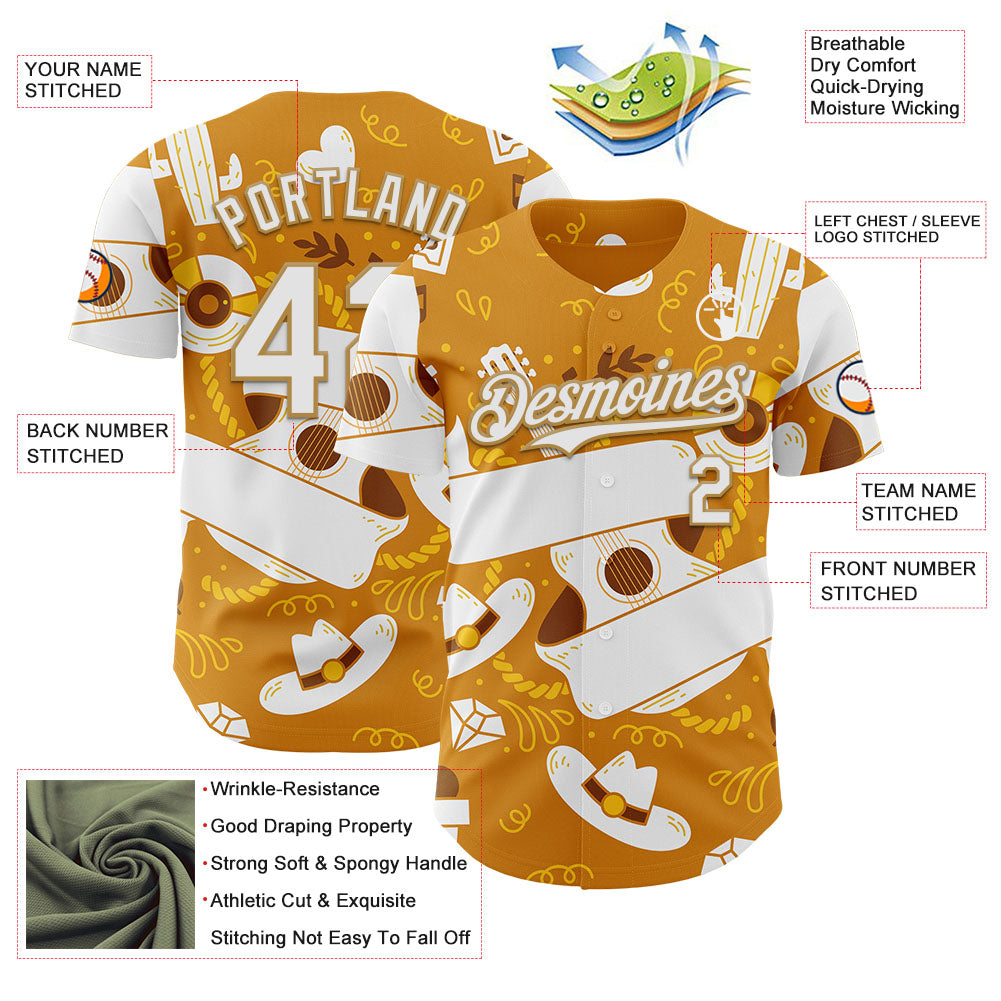 Custom Yellow White-Old Gold Texas Cowboy Guitar City Edition Authentic Baseball Jersey