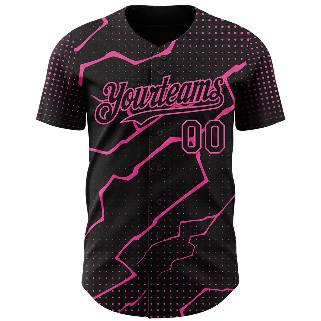 Custom Black Pink Lightning Polka Dot Authentic Baseball Jersey