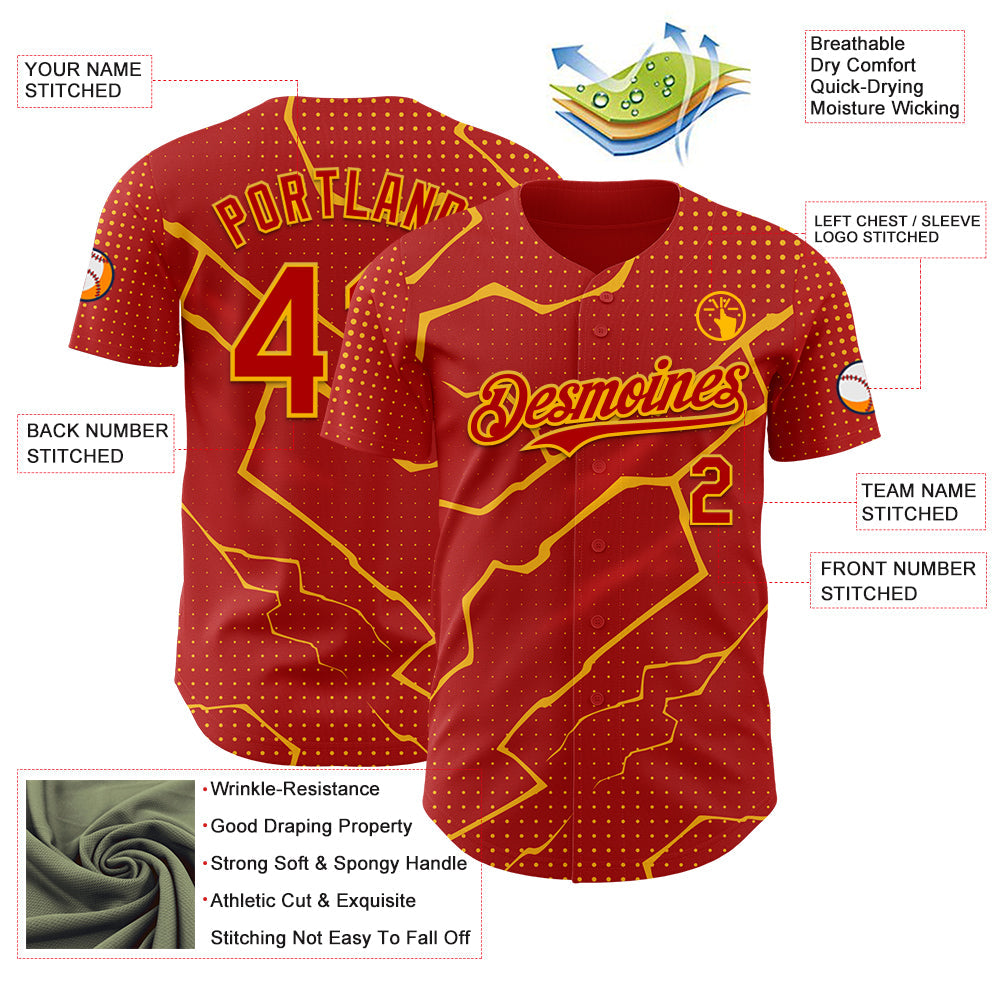 Custom Red Gold Lightning Polka Dot Authentic Baseball Jersey