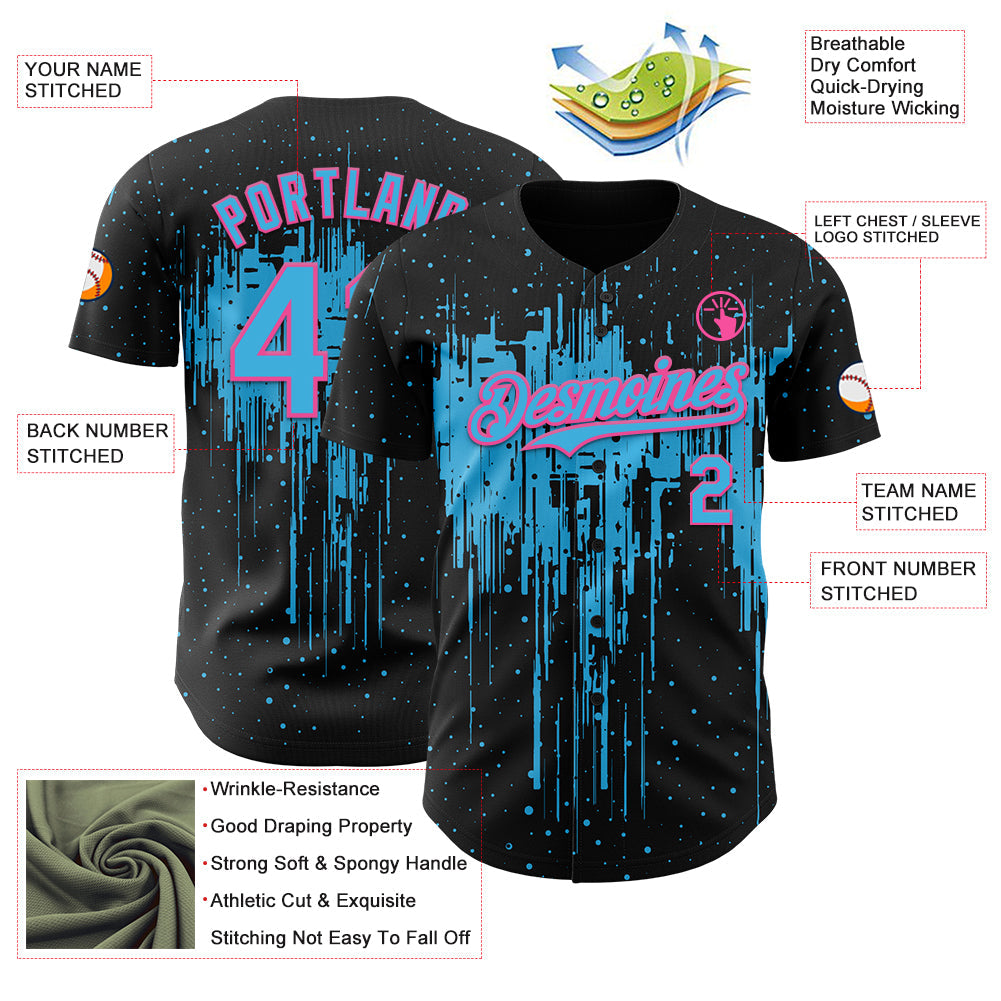 Custom Black Sky Blue-Pink Dripping Splatter Paint Authentic Baseball Jersey