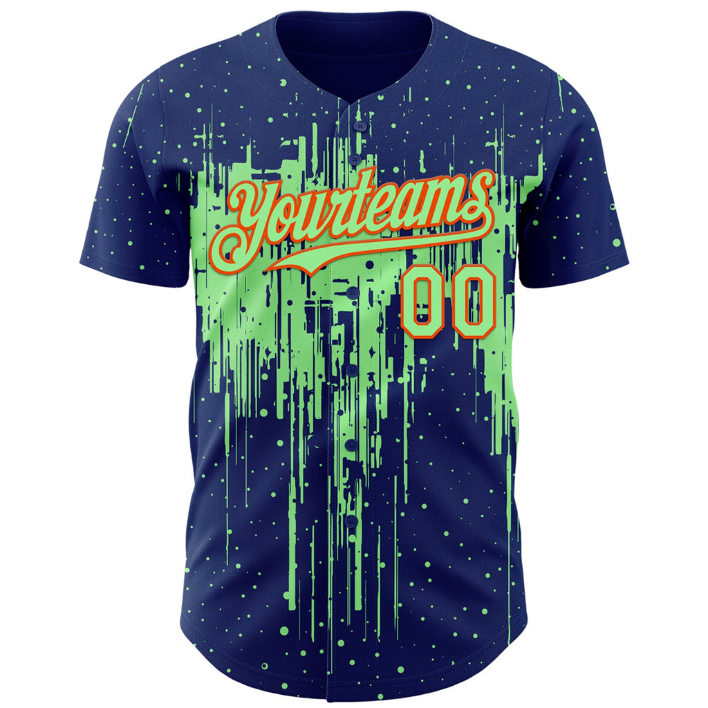Custom Royal Pea Green-Orange Dripping Splatter Paint Authentic Baseball Jersey
