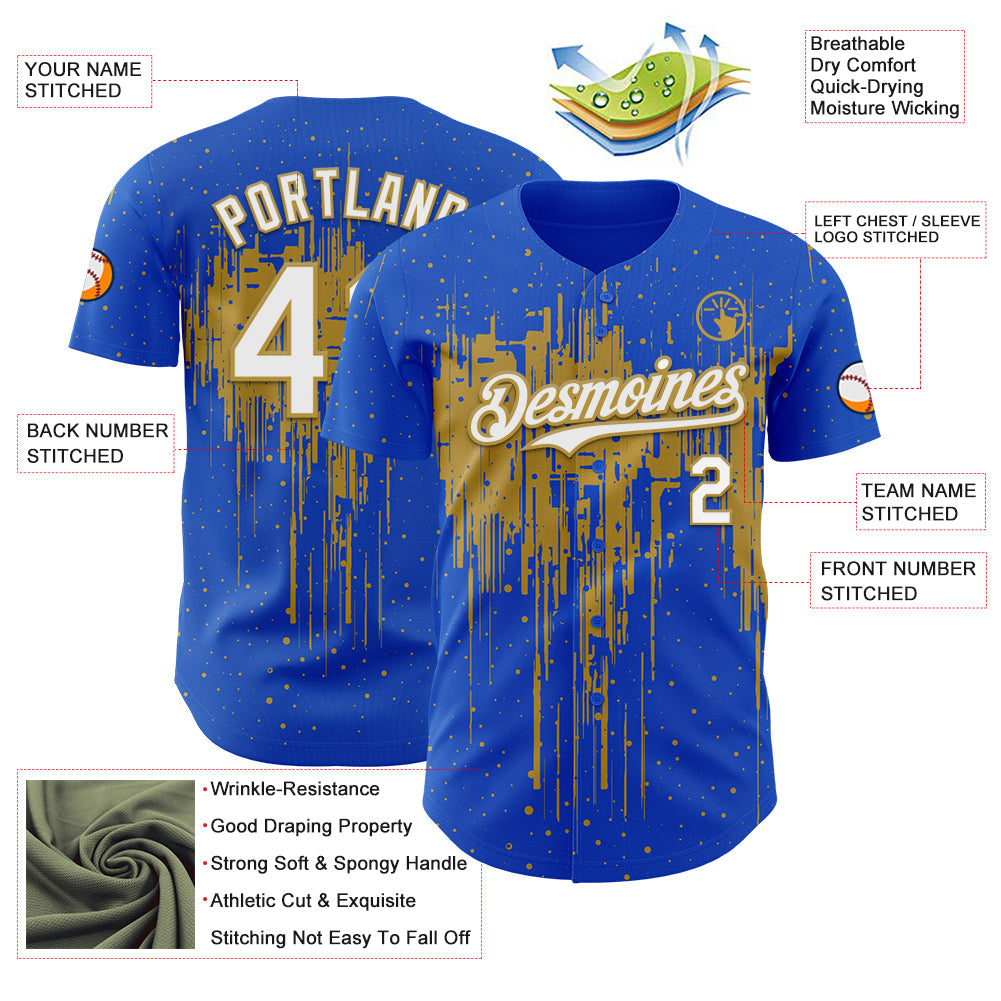 Custom Thunder Blue White-Old Gold Dripping Splatter Paint Authentic Baseball Jersey