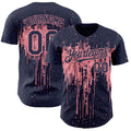 Custom Navy Medium Pink Dripping Splatter Paint Authentic Baseball Jersey