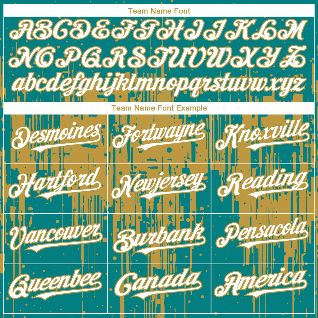 Custom Teal White-Old Gold Dripping Splatter Paint Authentic Baseball Jersey