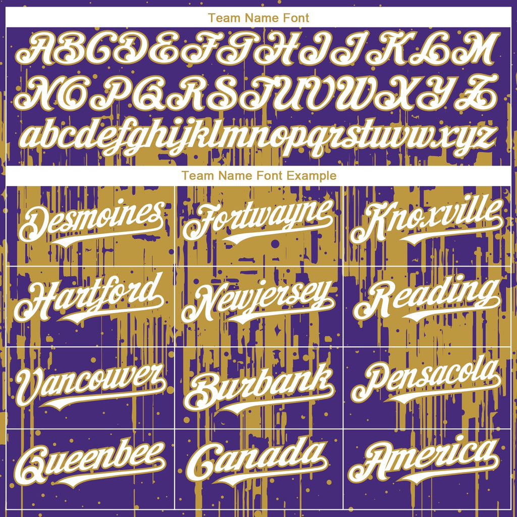 Custom Purple White-Old Gold Dripping Splatter Paint Authentic Baseball Jersey