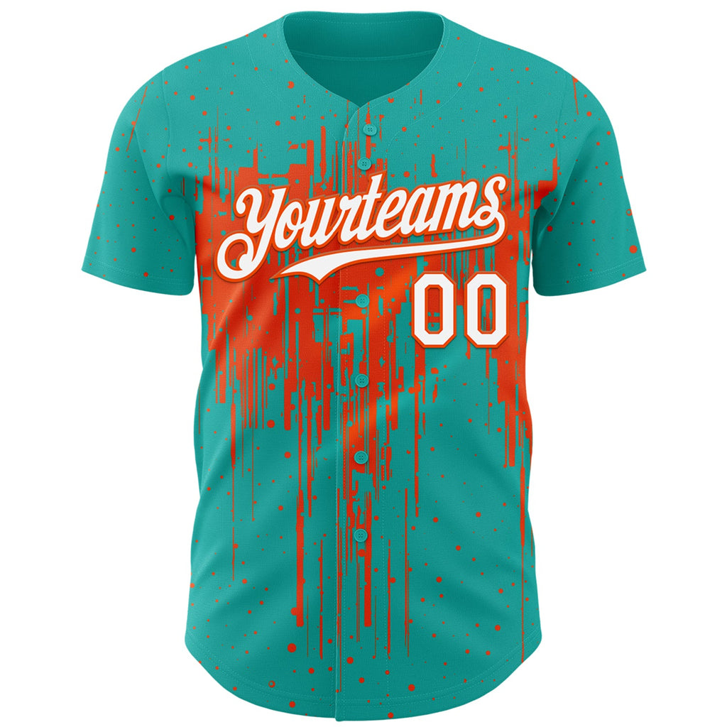 Custom Aqua White-Orange Dripping Splatter Paint Authentic Baseball Jersey
