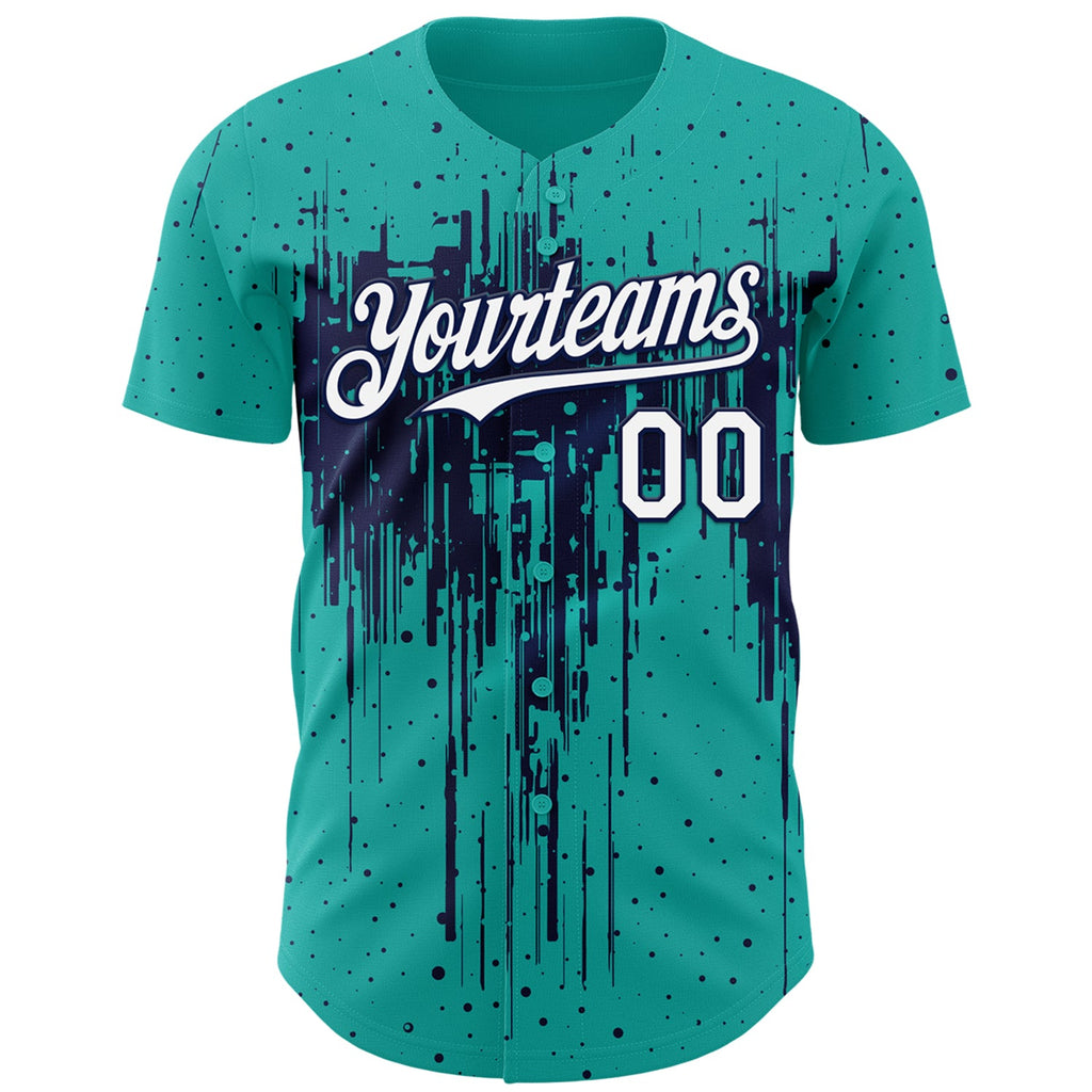 Custom Aqua White-Navy Dripping Splatter Paint Authentic Baseball Jersey