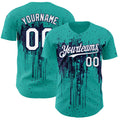 Custom Aqua White-Navy Dripping Splatter Paint Authentic Baseball Jersey
