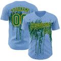 Custom Light Blue Kelly Green-Gold Dripping Splatter Paint Authentic Baseball Jersey