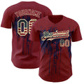 Custom Crimson Vintage USA Flag Cream-Navy Dripping Splatter Paint Authentic Baseball Jersey
