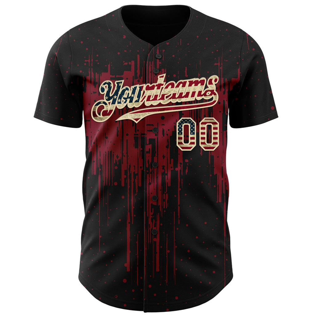 Custom Black Vintage USA Flag Cream-Crimson Dripping Splatter Paint Authentic Baseball Jersey
