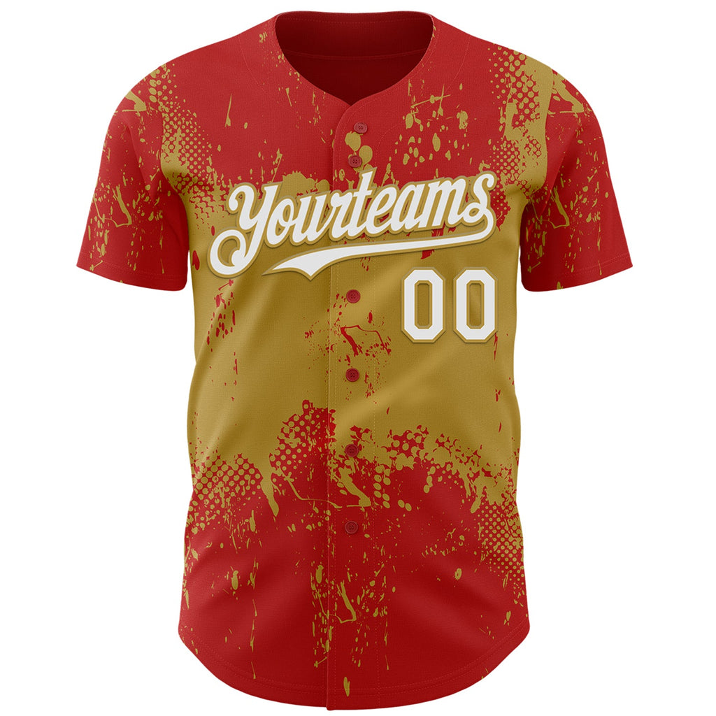 Custom Red White-Old Gold Abstract Splatter Grunge Paint Authentic Baseball Jersey