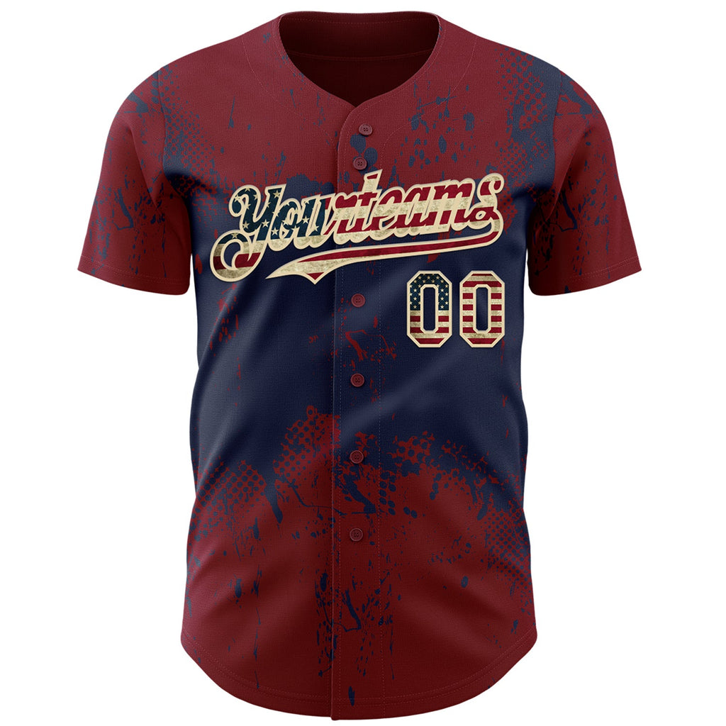 Custom Crimson Vintage USA Flag Navy-Cream Abstract Splatter Grunge Paint Authentic Baseball Jersey