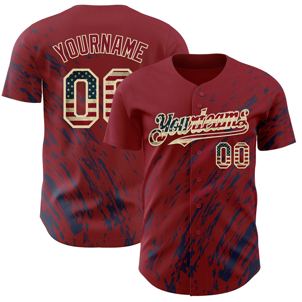 Custom Crimson Vintage USA Flag Navy-Cream Paint Stroke Grunge Streak Authentic Baseball Jersey