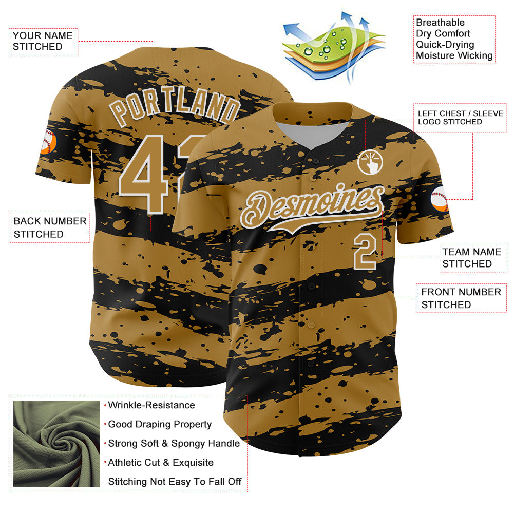 Custom Old Gold Black-White Paint Splash Stripe Authentic Baseball Jersey
