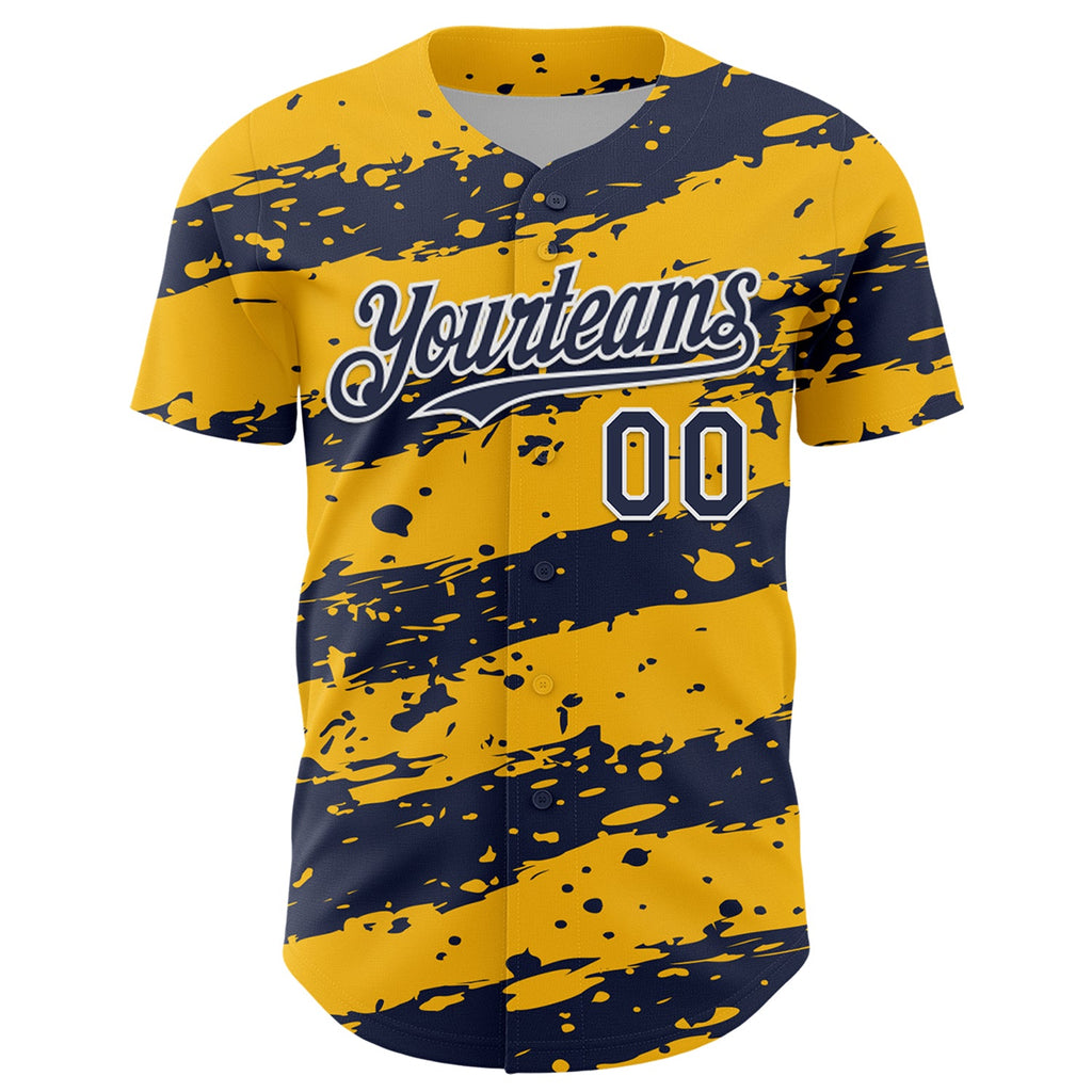 Custom Gold Navy-White Paint Splash Stripe Authentic Baseball Jersey