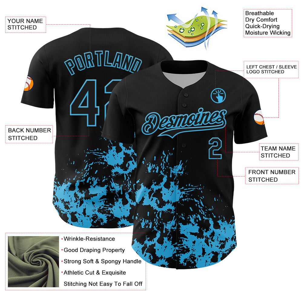 Custom Black Sky Blue Splatter Authentic Baseball Jersey