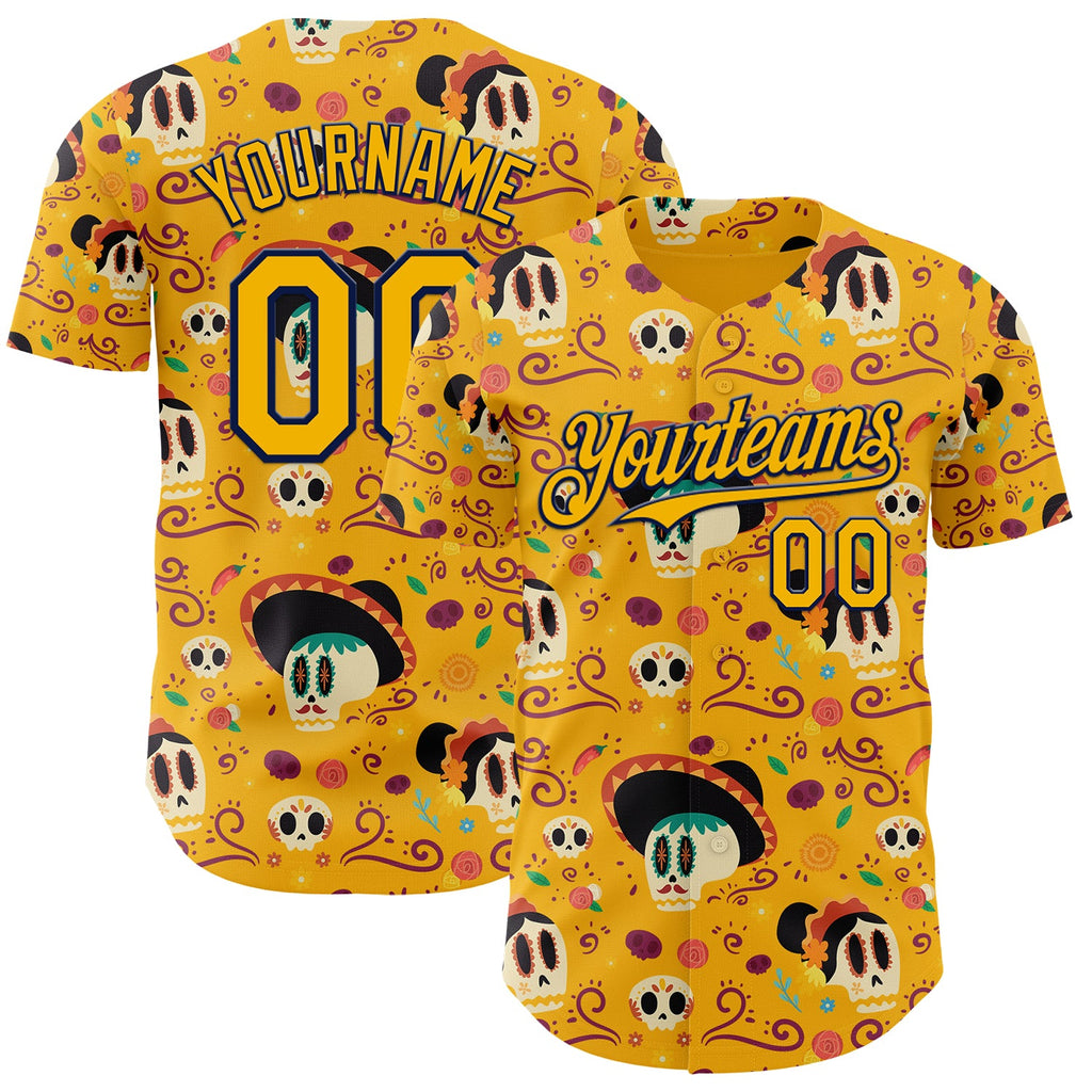 Custom Gold Navy Sugar Skull Day of the Dead Mexican Folk Art Authentic Baseball Jersey