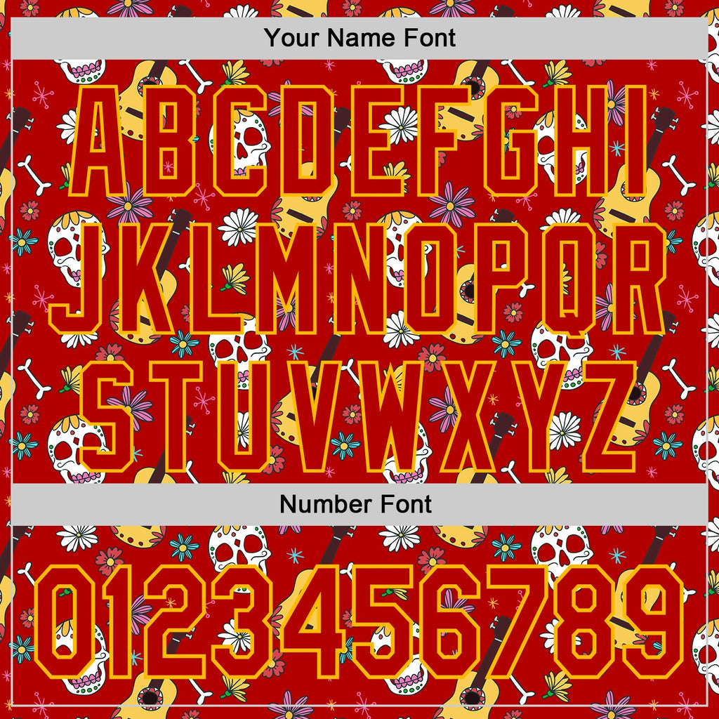Custom Red Gold Sugar Skull Day of the Dead Mexican Folk Art Authentic Baseball Jersey