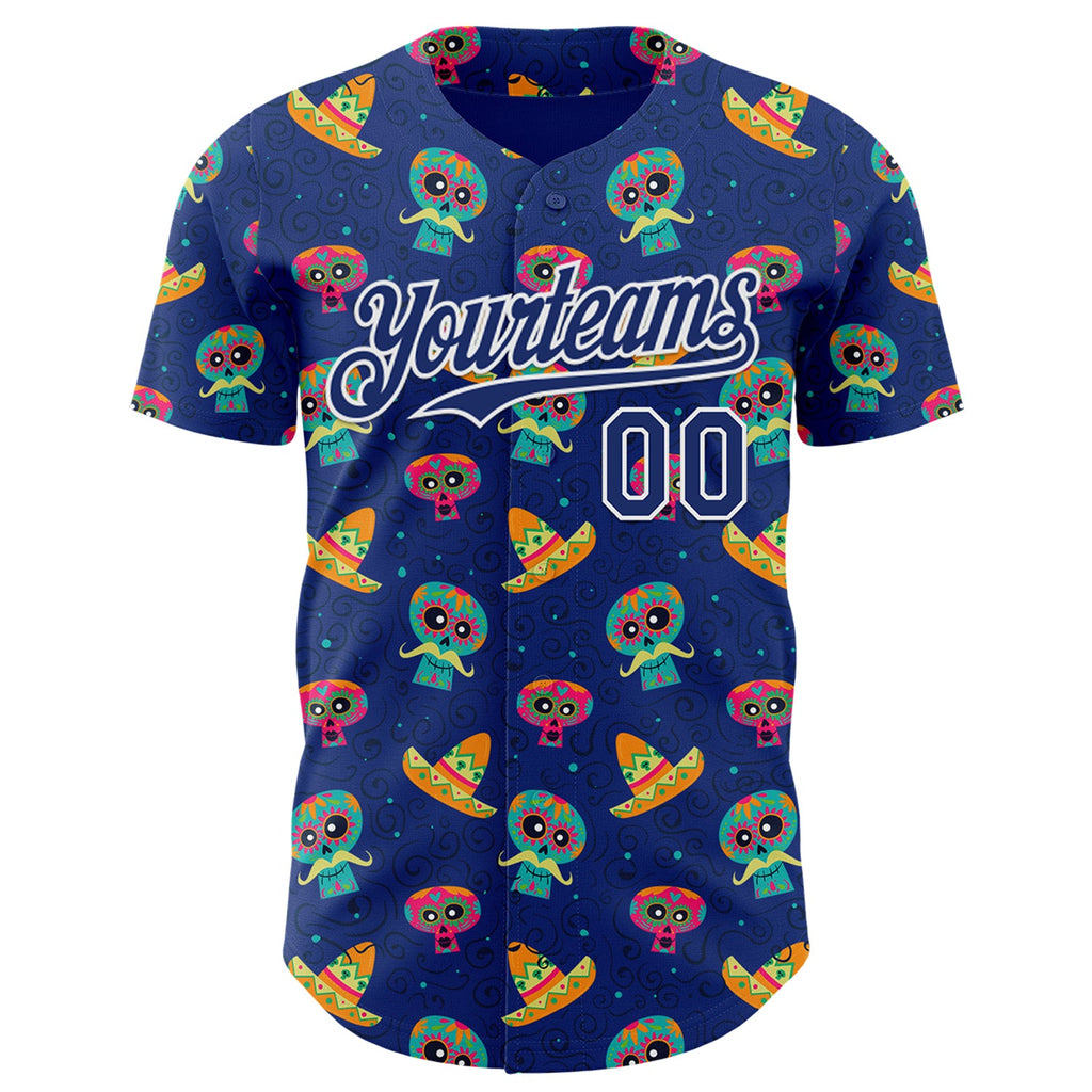 Custom Royal White Sugar Skull Day of the Dead Mexican Folk Art Authentic Baseball Jersey